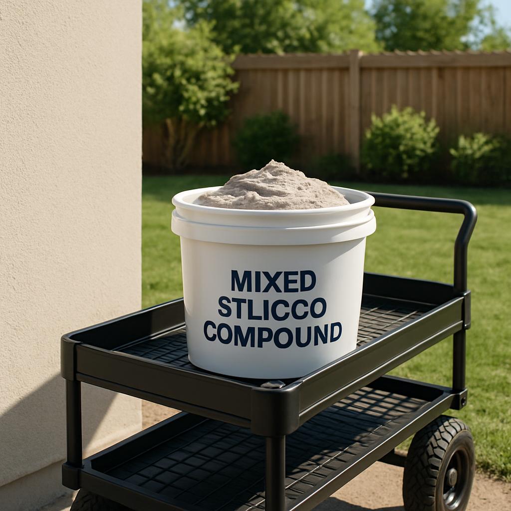 A white plastic bucket filled with light brown, grainy powder labeled "Mixed Stucco Compound" on the side sitting on the t...