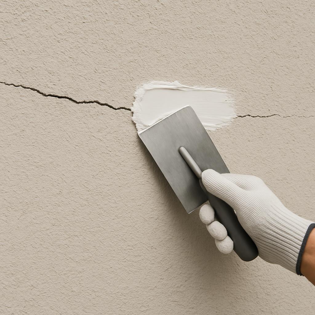 Gloved hand scrapping a small section of plaster on a wall with a tool, giving the impression that it has dried, cracked, ...