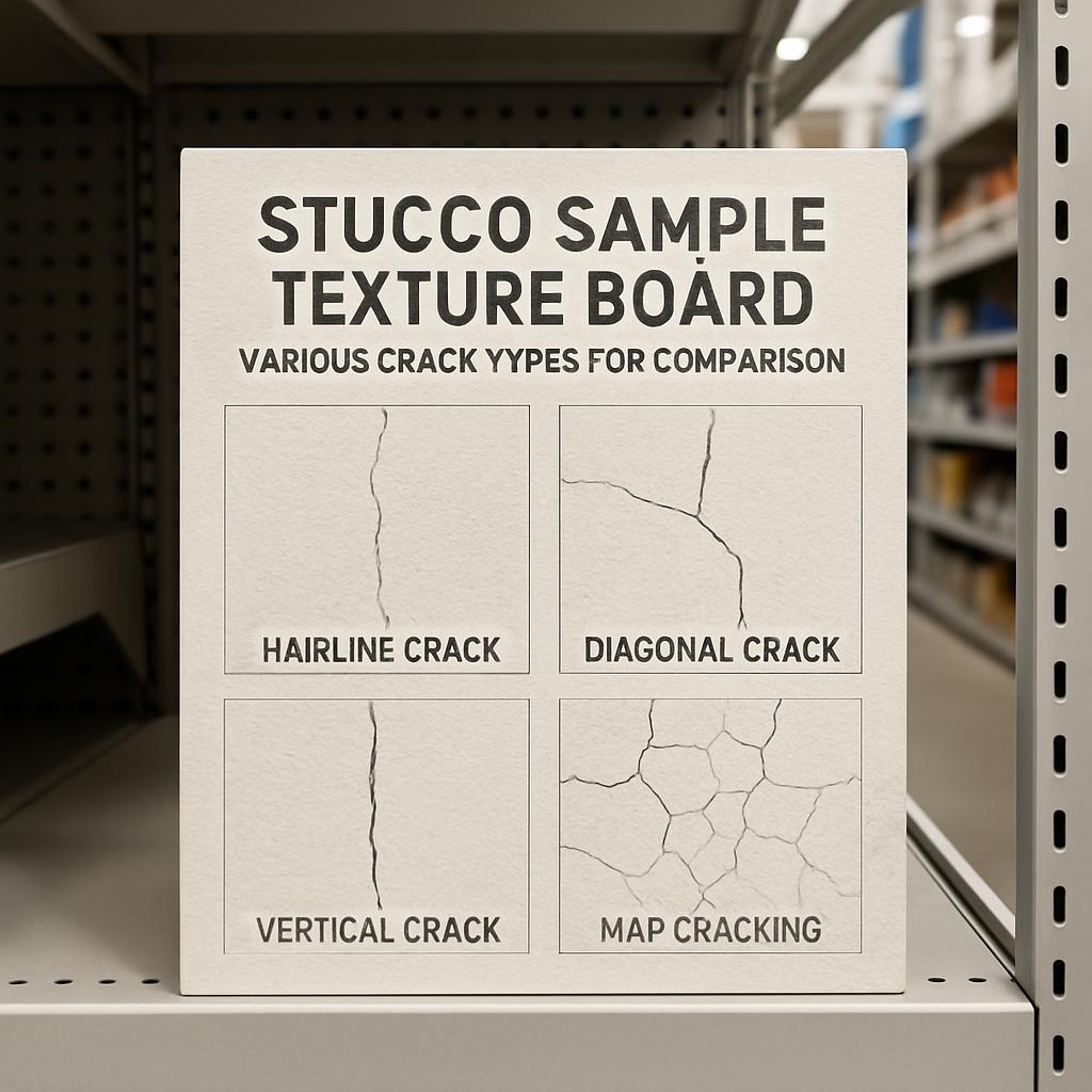 The image is of stucco sample texture board various crack types for comparison.