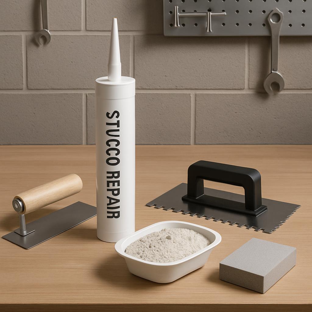 The image presents a collection of stucco repair tools and materials, including a container labeled "STUCCO REPAIR" with a...