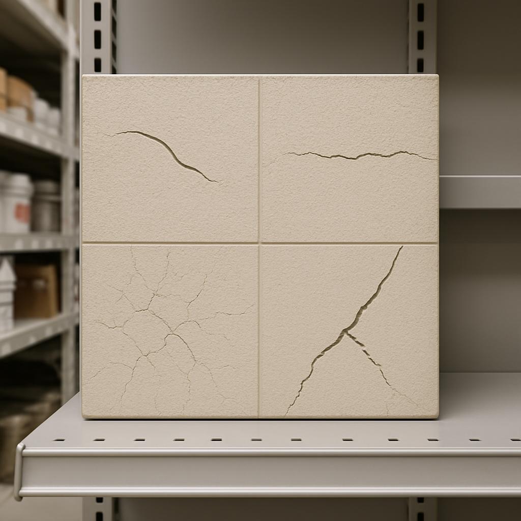 A square block of light-beige colored tile or similar material, sitting on metal shelving. It's a tile or material with cr...