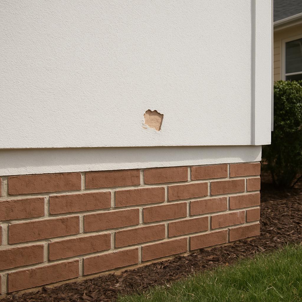 A closer view of the underside of an exterior home window sill and half-source wall, the back 6" of the wooden source with...
