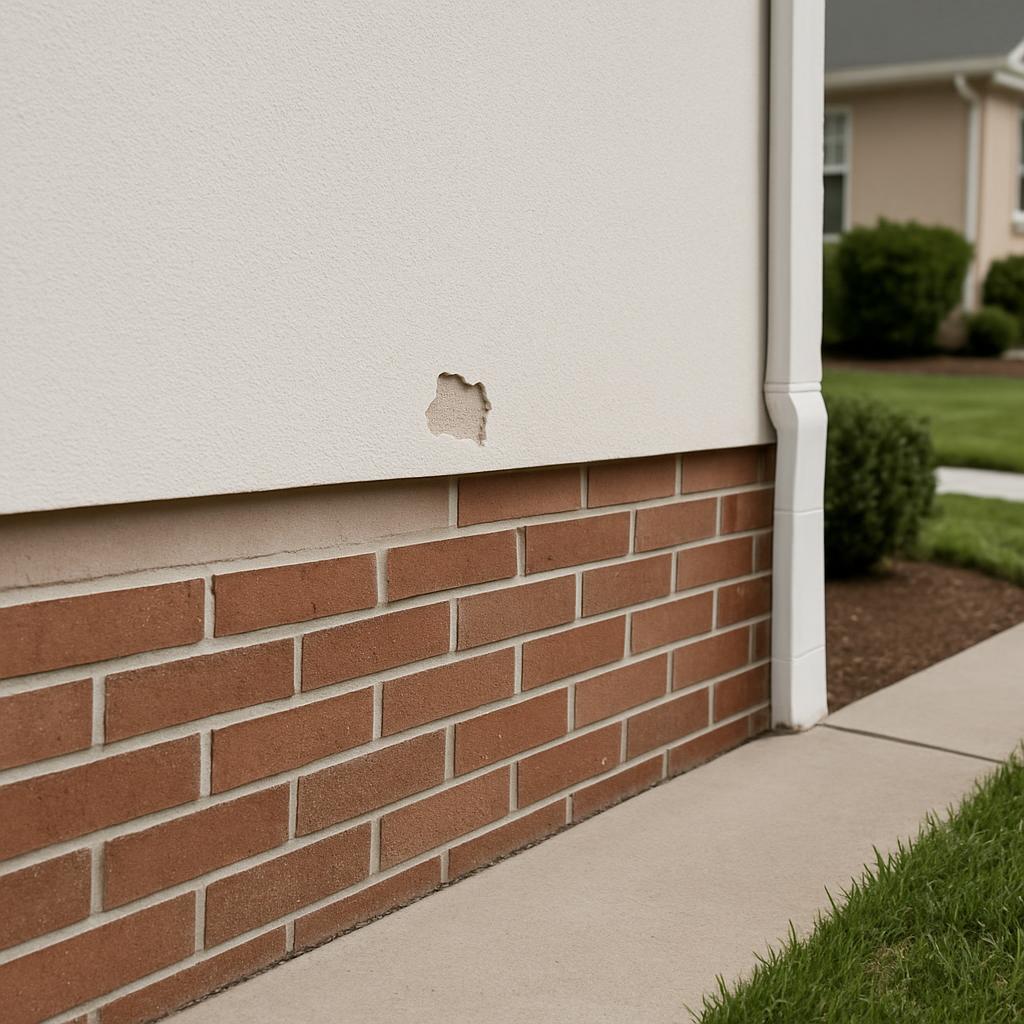The hole in the white building's upper wall is above the red brick foundation, near the joint with the white downspout at ...