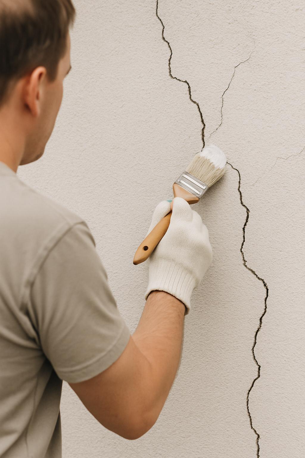 A painter is applying white paint to the cracks in a stucco wall with a fan brush and mittens. The photo comprises a side ...